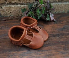 Load image into Gallery viewer, T-strap in Brick color with brown suede sole Moccasins - littlelightcollective