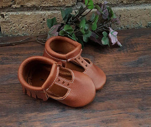 T-strap in Brick color with brown suede sole Moccasins - littlelightcollective
