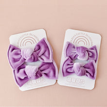 Load image into Gallery viewer, Knot Pigtails // Lavendar Velvet Bows - littlelightcollective