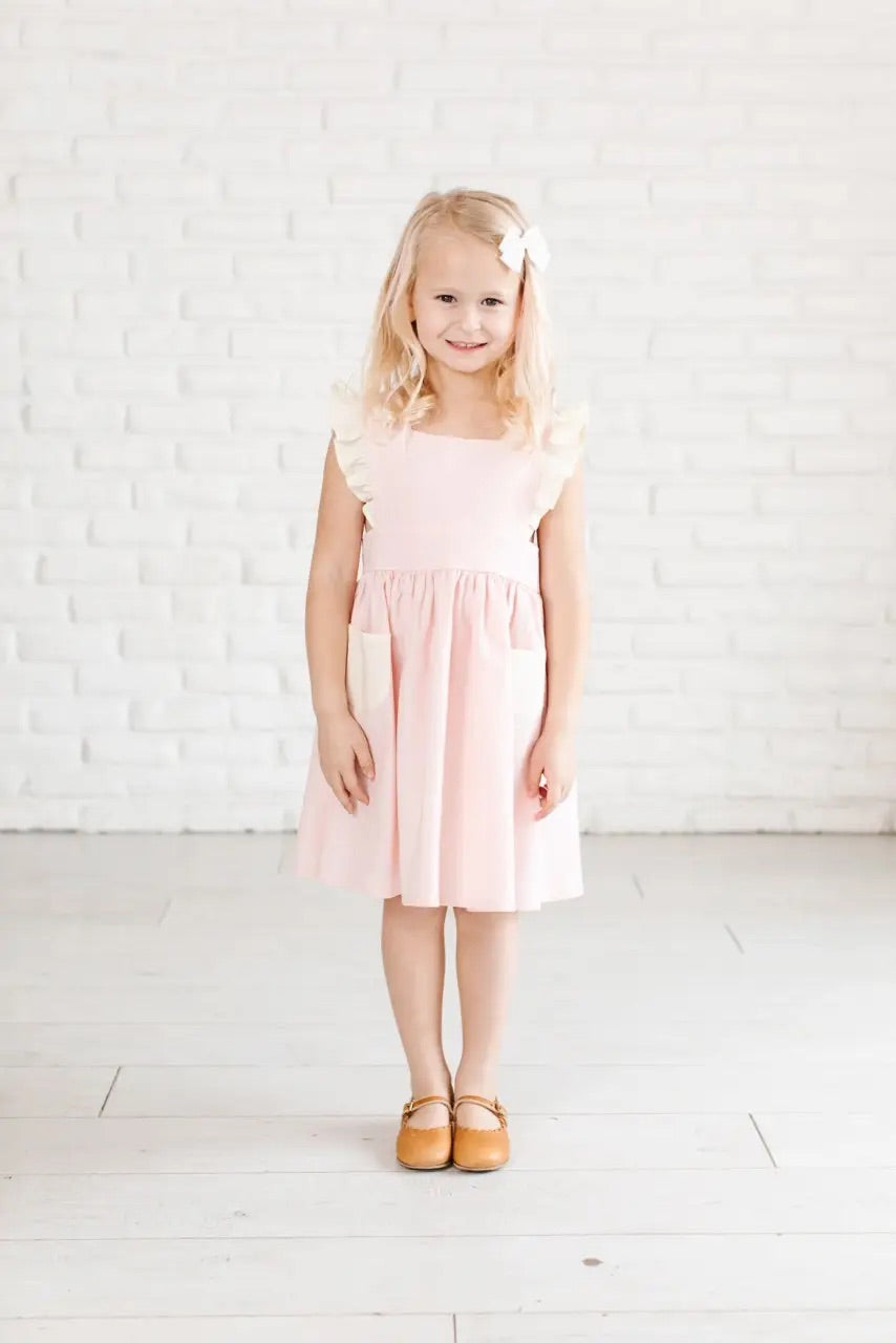 Strawberries & Cream Linen Pinafore Dress in Strawberry and Cream 5/6 Strawberries & Cream Linen Pinafore Dress in Strawberry and Cream 5/6