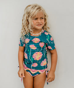 Kids Dark Teal Floral Short Sleeve Rash Guard Swimsuit - littlelightcollective