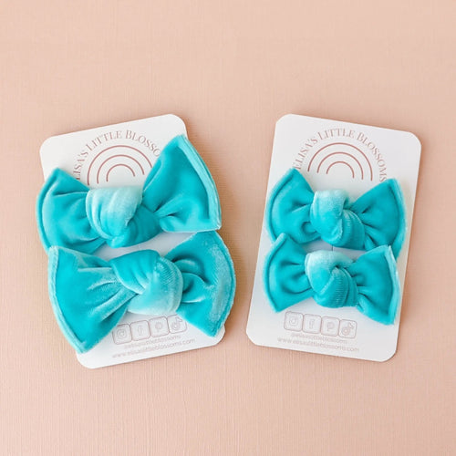 Knot Pigtails // Caribbean Blue Velvet Bows - littlelightcollective