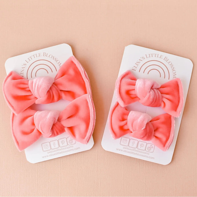 Knot Pigtails // Living Coral Velvet Bows - littlelightcollective
