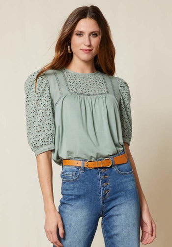 Size Medium Perfectly Charming Green Knit Top with Eyelet Detail - littlelightcollective