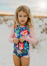 Load image into Gallery viewer, Coral Stripe Zip Rash Guard Swimsuit - littlelightcollective