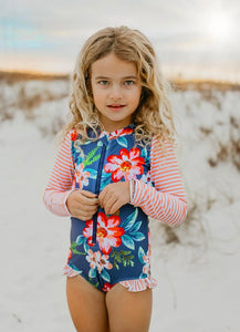 Coral Stripe Zip Rash Guard Swimsuit - littlelightcollective