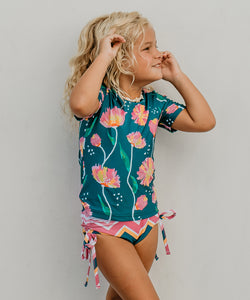 Kids Dark Teal Floral Short Sleeve Rash Guard Swimsuit - littlelightcollective