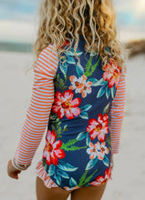 Load image into Gallery viewer, Coral Stripe Zip Rash Guard Swimsuit - littlelightcollective