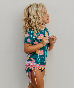 Kids Dark Teal Floral Short Sleeve Rash Guard Swimsuit - littlelightcollective